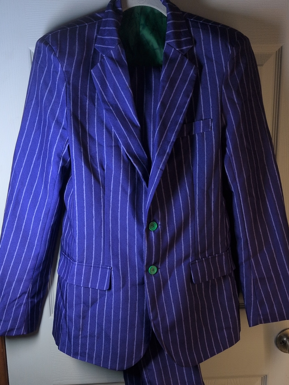 Spirit Joker Halloween Costume Purple Pinstripe Blazer with Green Lining